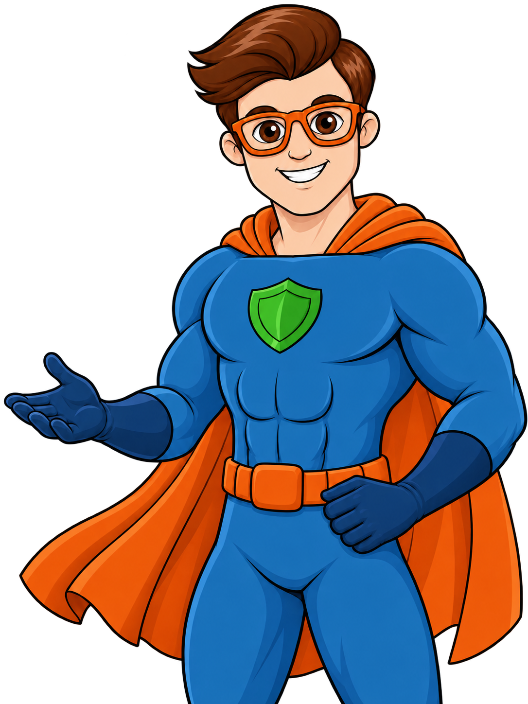 Mr Protection sorride e invita a scoprire il Check-Up, con costume blu, mantello arancione e scudo verde